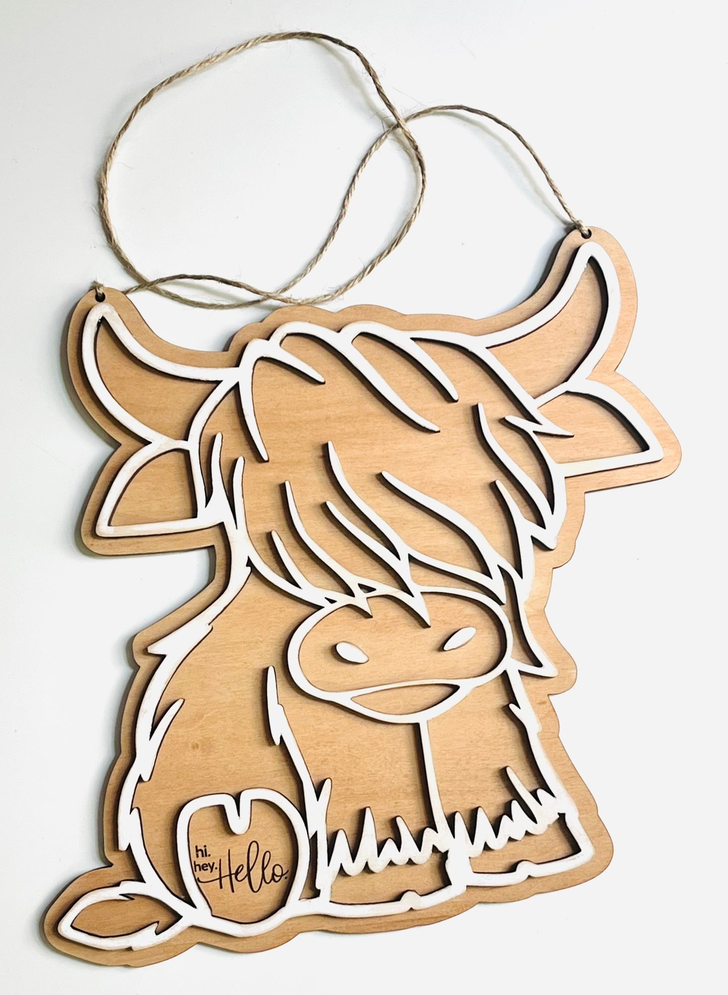 "hi hey Hello" Highland Cow Door Hanger
