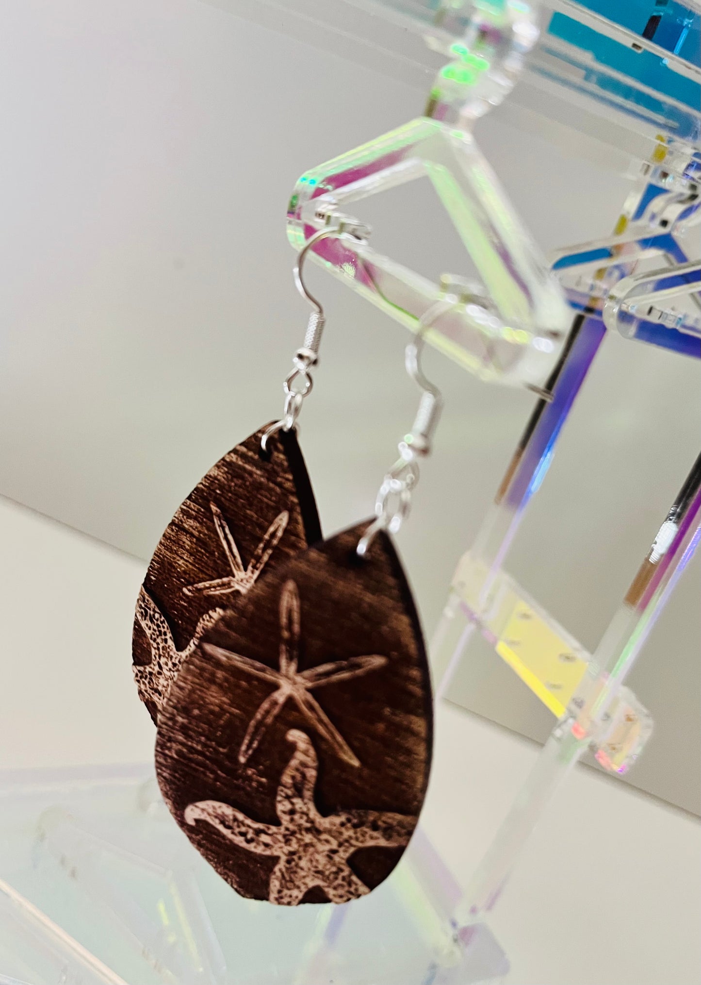 Beach Double Star Fish Reversed Engraved Earrings