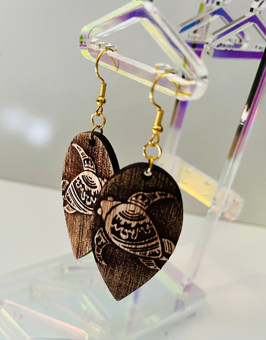 Sea Turtle with Sun Design Reverse Engraved Earrings