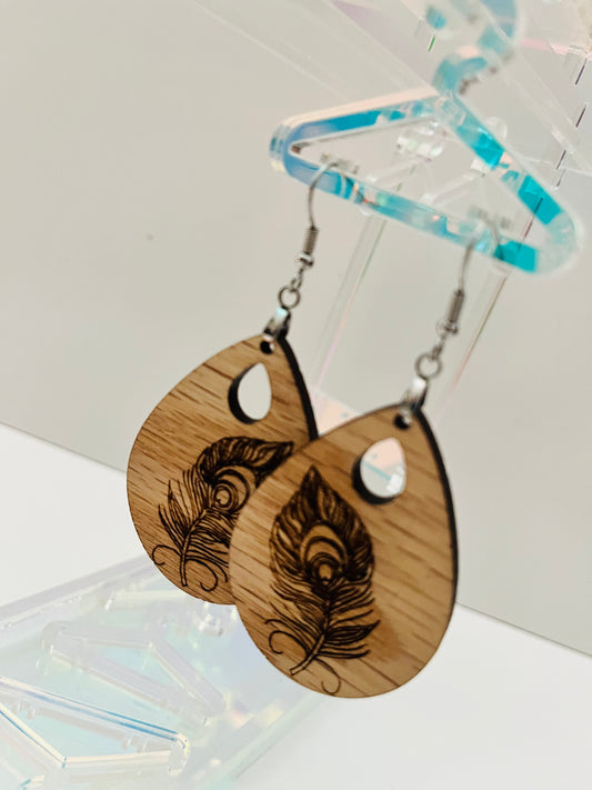 Peacock Feather with Oval Design in Wood Engraved Earrings